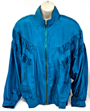 Vintage Bocoo 100% Silk Blue Retro Windbreaker Pleated Zip Up Jacket Women's XL picture