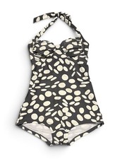 Boden Women’s Halter One Piece Bathing Swimsuit Gray Green Ivory Spots Sz 6 picture