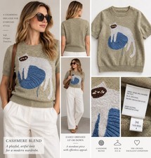 Anthropologie Cashmere Collection Cat Graphic Short Sleeve Sweater Small Moss picture