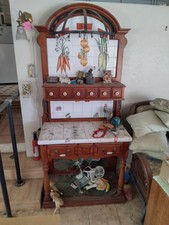 Antique Wood Cabinet with Ceramic Tile Top, Vegetable Motif, 5 Drawers, Shelf picture