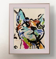 Oman Original Art 9x12 Expressionist Paper Colorful Kitty Cat Pastel Painting picture