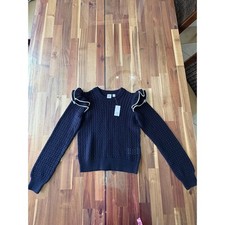 NWT Sz L Kids GAP Navy Knit Eyelet Sweater Ruffle Shoulders, Ribbed CuffsgcxΩ picture