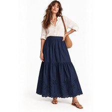 41 Hawthorn Navy Tiered Maxi Skirt 1X Cotton Eyelet Palm Tree Scallop Hem NEW picture