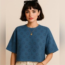 Madewell NWT Embroidered Wide Sleeve Boxy Tee Size XS in Sunfaded Blue picture
