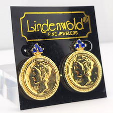 Fascinating Signed Lindenwold 14K Gold Electroplate Mercury Dime Coin Earrings picture
