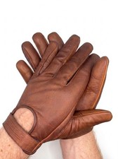 Distressed Brown Leather Driving Gloves Vintage Strap Button picture