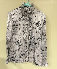 St. John Women's S Collared Ruffle Button-Up Animal Print Gray Black Blouse picture