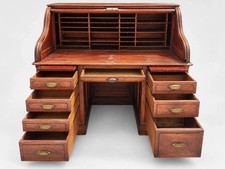 Antique Victorian Roll Top Desk Executive Wood Brass Reddish Brown S Curve picture