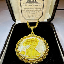 Superb 1937 Walking Liberty Coin 24kt Gold Gilded Pendant-24” 14kt GF Rope Chain picture