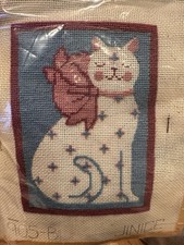 Vintage Beautiful Cat Kitten Pre Worked Needlepoint Canvas  Big Bow Rare picture