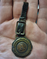 Antique Brass Monogram A Pocket Watch Fob Original Leather Strap Buckle 1910s picture