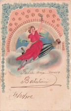 Feliz Ano Nuevo Woman Champagne Bottle New Year Embossed Postcard 1902 picture