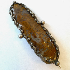 1840s GEORGIAN Scottish Moss Agate Brooch w Silver Scroll Work Antique Victorian picture