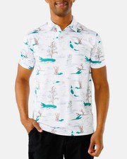 Waggle Water Hazard Men's Alligator Graphic Print Stretch Polo White Size S picture