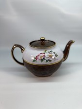 Vintage Sadler England Teapot Brown w Pink & White Roses with Gold Accent Signed picture