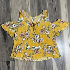 Ambiance Mustard Yellow Floral Cold Shoulder Top Short Sleeve Boho Blouse picture
