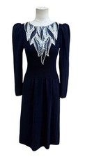 Vintage Pat Sandler Saks Fifth Avenue Navy Beaded Sequin Puff Sleeve Dress 8 picture