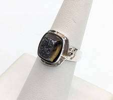 Sajen Sterling Silver 925 Smokey Druzy Quartz Geode Stone Sz 7 Ring picture