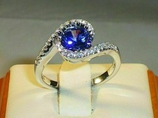 1.30 Ct Round Cut Natural Sapphire Diamond Engagement Ring 14K White Gold Size 7 picture