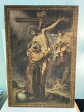Lg Antique Oil on Canvas After Murillo St. Francis Embracing Christ Catholic picture