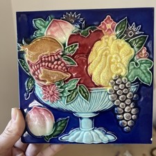 Pair Antique Japanese Danto DK Majolica Relief Tiles Fruit Basket Blue Cobalt 6” picture