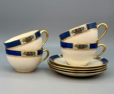 Lenox Meadowbrook Set 4 Cups & Saucers Bone China Floral Art Deco Green Stamp picture