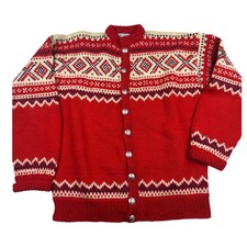 Vintage Lulle Otterstad Oslo Handmade In Norway Red Cardigan Wool Sweater Size L picture