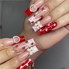 24 PCS Strawberry Bow Nail Art, Long Length Long Water Pipe Fake Nails,Square He picture