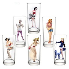 Pin-Up Girls Tall Drinking Glasses Set of 6 Highball Set Juice Water Cocktails picture