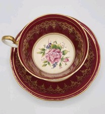 VINTAGE AYNSLEY TEA CUP & SAUCER COVENTRY DECO CABBAGE ROSE BURGUNDY GOLD picture
