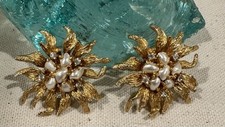 Vintage Boucher Golden Sunfire Faux Pearl Clip On Earrings Signed & Numbered picture