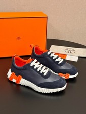 Men Hermes Bouncing Sneakers Navy Orange Leather Suede Shoes picture