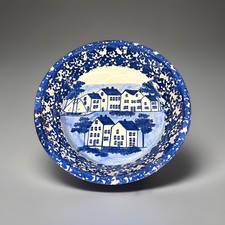 Shard Pottery Maine Hand Painted Coastal Village Blue White Ceramic Bowl 10