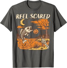 Reel Scared Halloween Fall Fishing Funny Skeleton Unisex T-Shirt picture