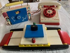 Vintage 1950s-60s Wooden Toy Lot Fisher Price TV Radio Playskool Phone & Ferry picture