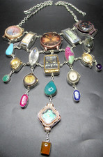 Artisan Made Genuine Gemstone Vintage Designer Watch Faces HUGE Bib Necklace picture