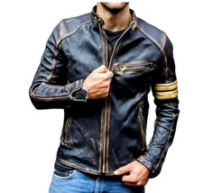 Men's Motorcycle Biker Leather Jacket Distressed Café Racer Genuine Lambskin picture