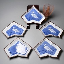 14th Tsuji Hitachi Sometsuke Blue Background Egret Shaped Plate Set of 5 w/Box picture