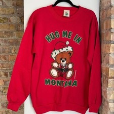 Vintage Hug Me Montana 1988 Teddy Bear Christmas Sweatshirt USA L Cottagecore picture
