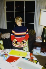 c1970's Kodachrome 35mm Slide, Boy Christmas Gifts Striped Sweater red Window picture