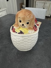 DARLING RARE VINTAGE PUPPY DOG IN FRUIT BASKET ENESCO COOKIE JAR picture
