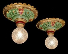 2 Antique Vtg Single Ceiling Light Fixtures Polychrome Gothic Medieval Victorian picture