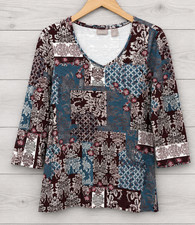 Chico's Women's Size 1 Patchwork Floral V-Neck 3/4 Sleeve Knit Top Cotton Blend picture