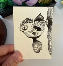 ACEO Original Ink Drawing Gothic Whimsical Goldfish Mini Art 2.5x3.5 OOAK picture