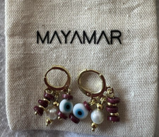 Mayamar Evil Eye Beaded Huggie Charm Earrings Gold Color Pearl Burgundy Blue New picture