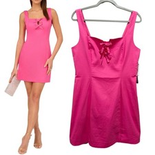 Adrianna Papell A-line Mini Dress Sleeveless Pink Size 12 Bow Square Neck Cotton picture