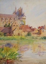 André Alfred Debergue drawing watercolor painting landscape view castle Durtal Anjou picture