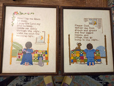 Vintage Sunset Stitchery Crewel Childhood Prayers Framed Pair C. Blyler 1970s picture