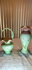 Burmese Fenton Art Glass Vase 11” Hand Painted Floral Green Pink White & Basket picture