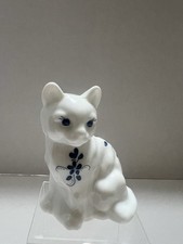 Vintage Fenton Glass Art Sitting Cat White Glass Hand Painted Blue Flowers  picture